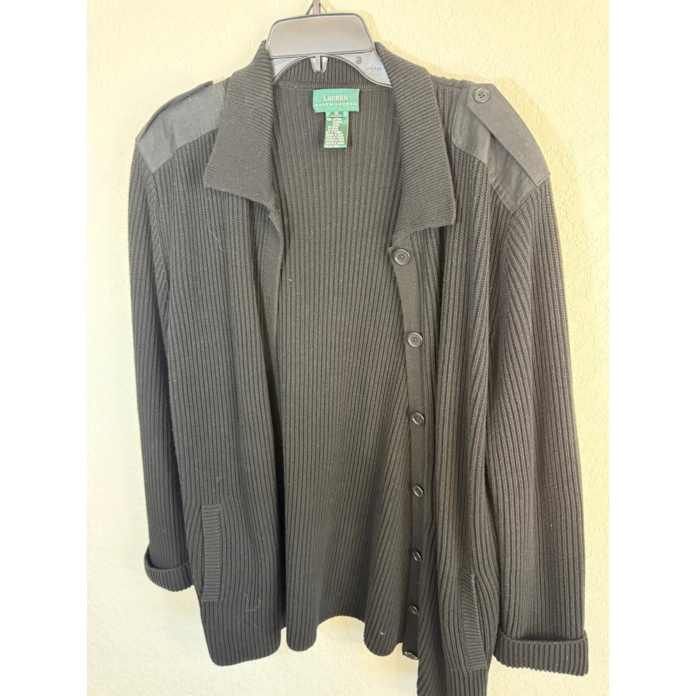 Lauren Ralph Lauren Black Ribbed Knit Cardigan Button Front‎ Shoulder Detail XL